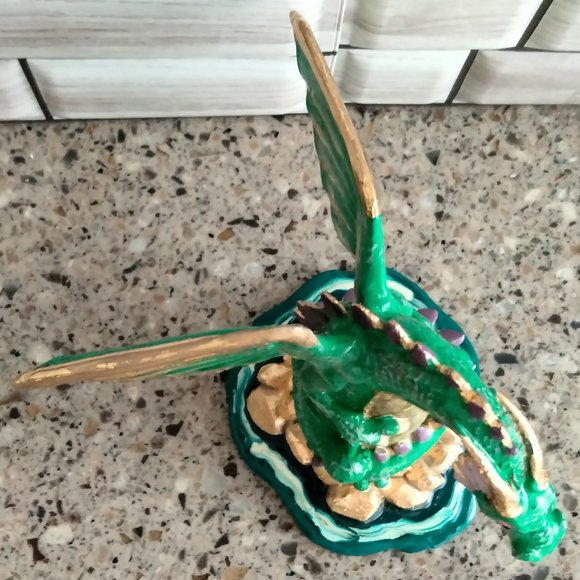 New Enameled Pewter Green Sitting Dragon Statue - Picture 8 of 9